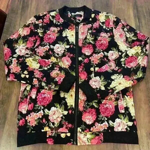 Retro Bright Pink and Black Floral Bomber‎ Jacket Medium  Zip Up Whimsigoth
